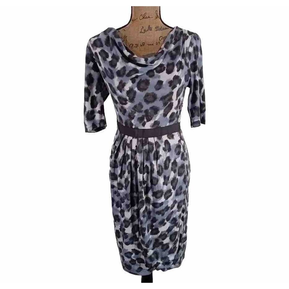 Banana Republic Dress Size 4 Blue Black Splotch Dot Pleat 3/4 Sl Zip Business